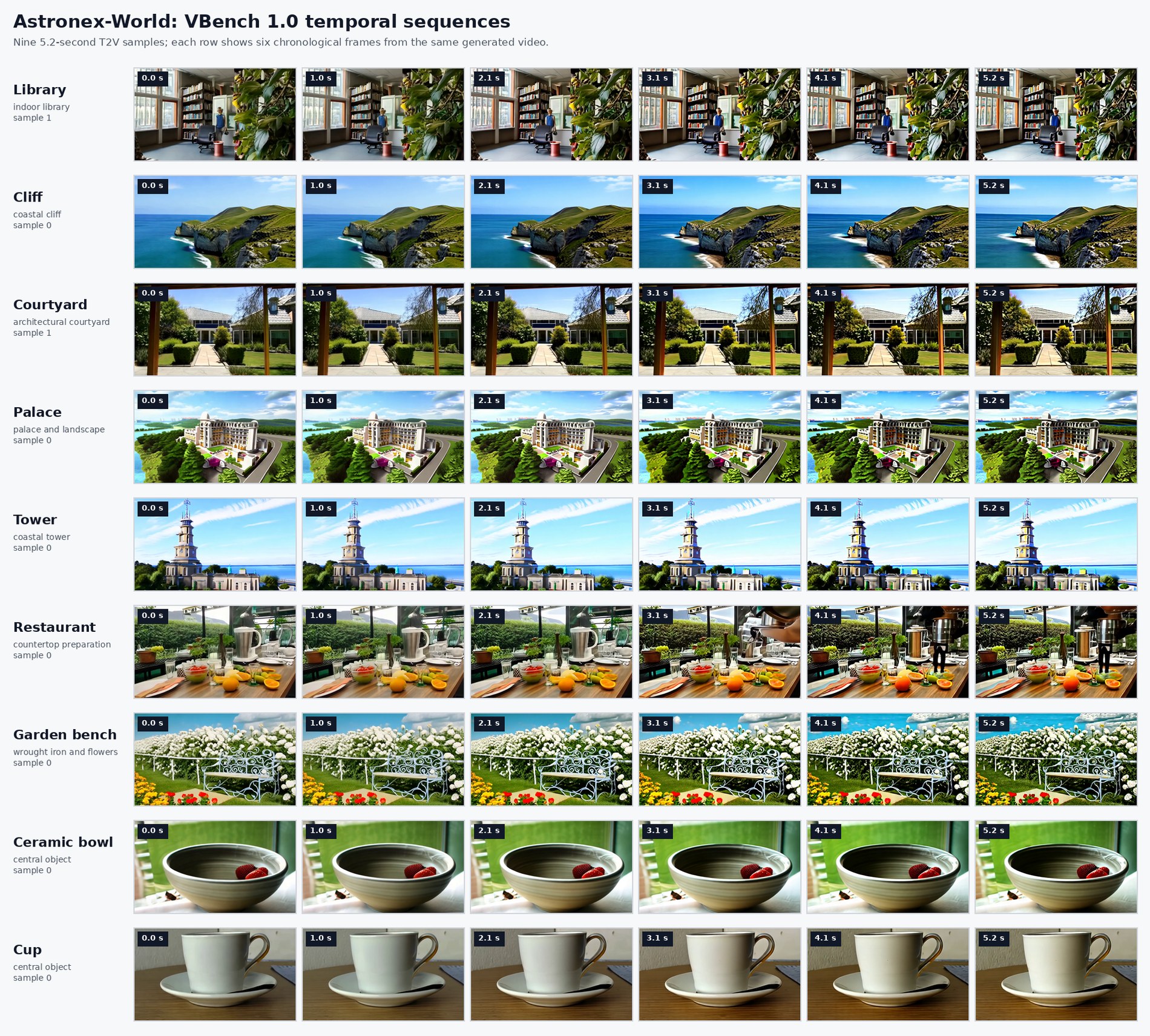 VBench text-to-video sequences, nine independent videos