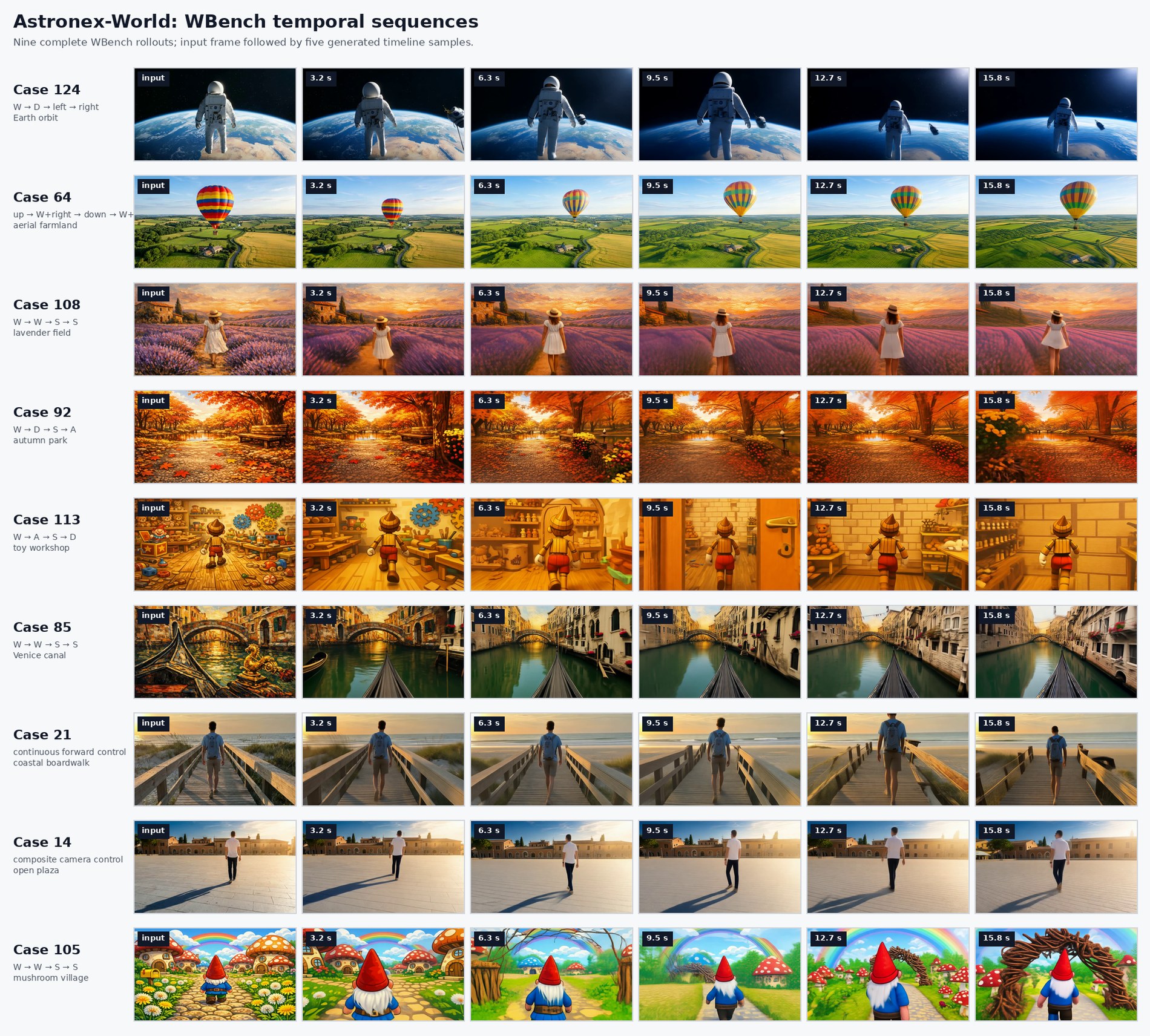 WBench temporal sequences, nine complete causal rollouts