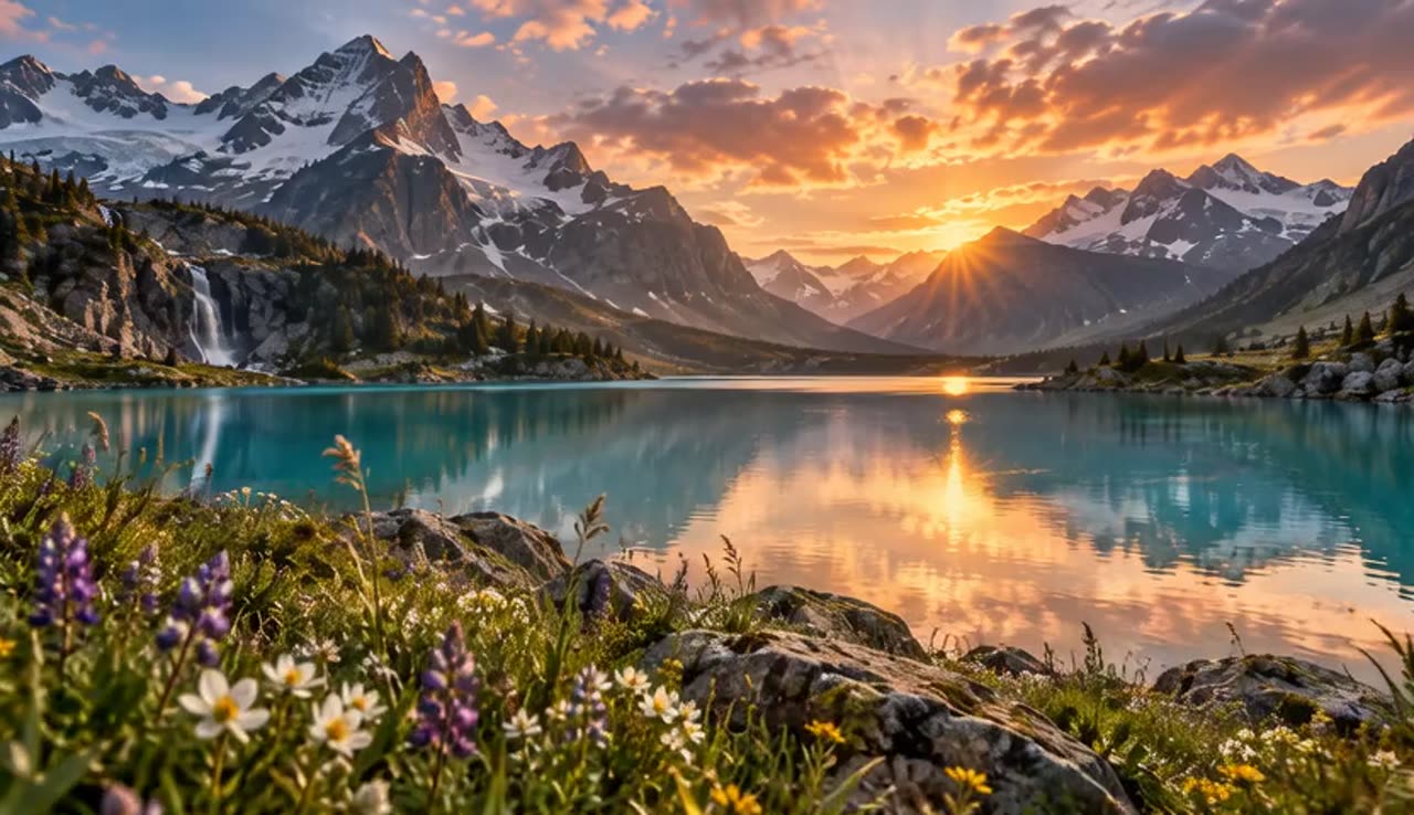 Alpine lake at sunset